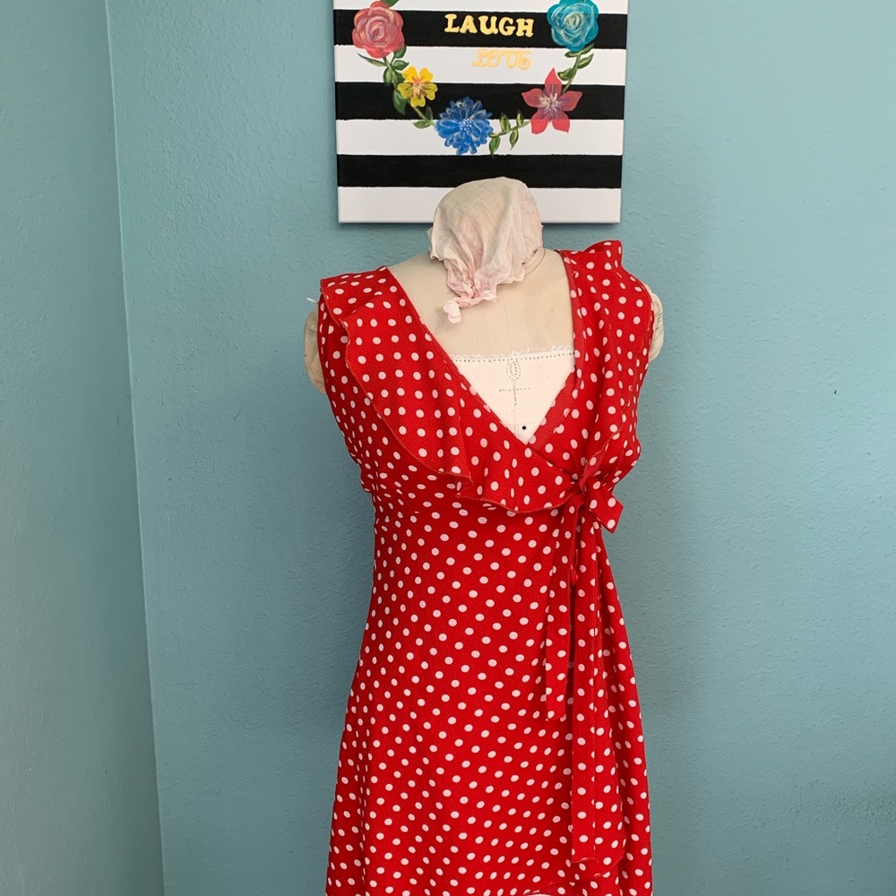 Red Polka Dot Tie Wrap Dress - Picture 3 of 4